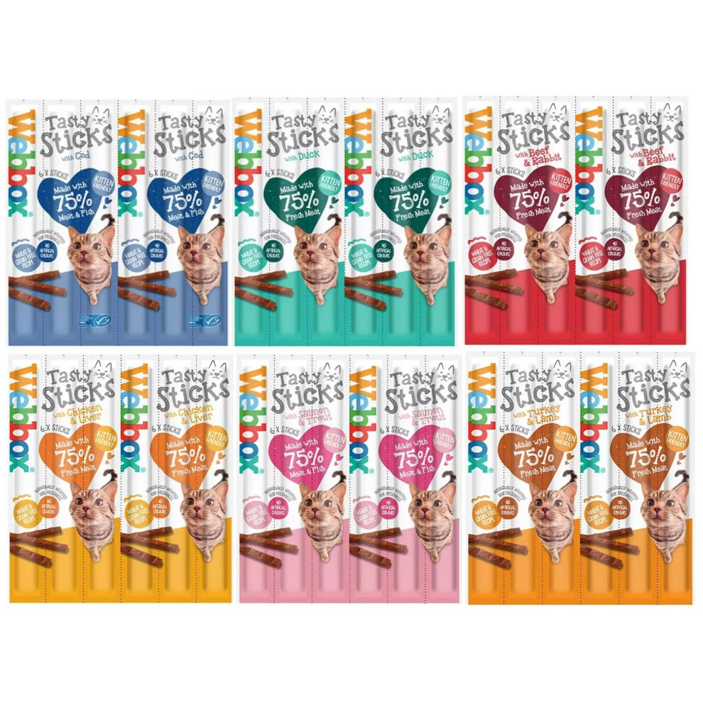 Webbox *New* 6 Pack Mixed Cat Sticks Cat Kitten Meaty Stick Treat Cod Duck Beef Chicken Turkey Salmon