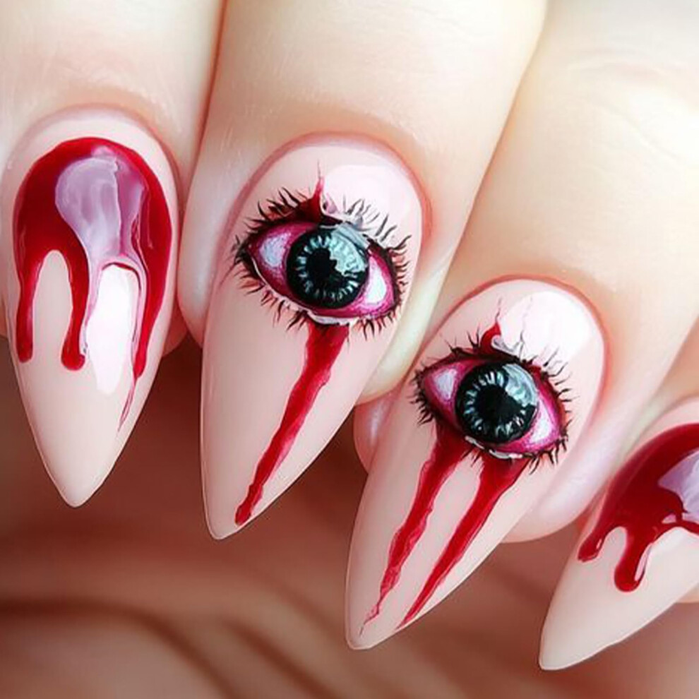 Halloween Press On Nails Medium Almond Glossy Full Cover Bloody Eyeball Fake Nails 24pcs