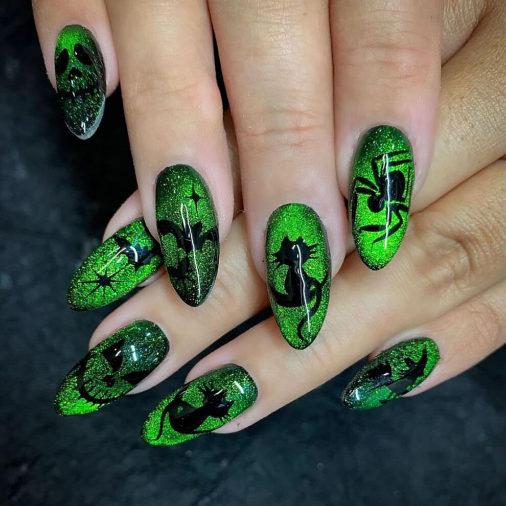 Halloween Press On Nails Medium Almond Ghost Cat and Day of the Dead Acrylic False Nails