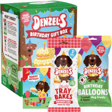 Denzel's Dog Treats Mini Birthday Gift Box - Birthday Cake Chews with Peanut Butter & Strawberry + Balloon shaped Treats with Coconut & Apple - 110g