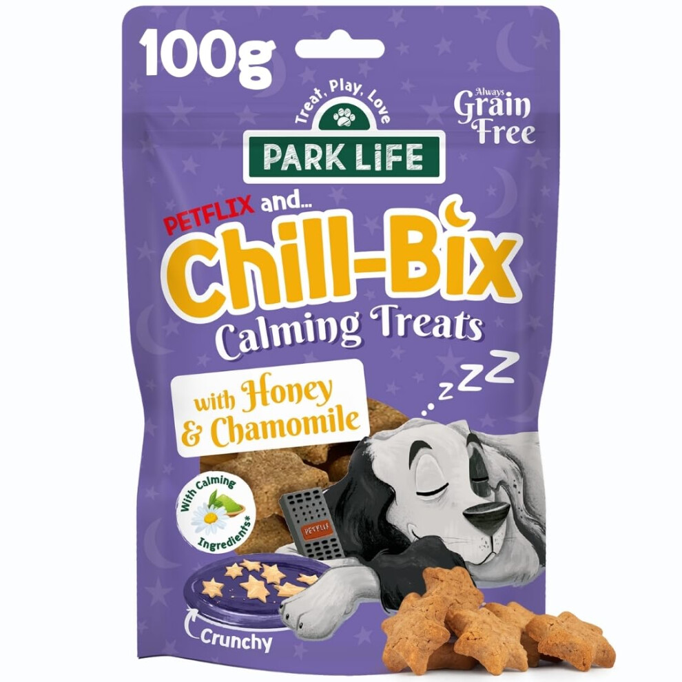 Treat, Play, Love 2018 Park Life Park Life Chill-Bix Calming Dog Treats 100G Pouch Honey & Chamomile Be Grain