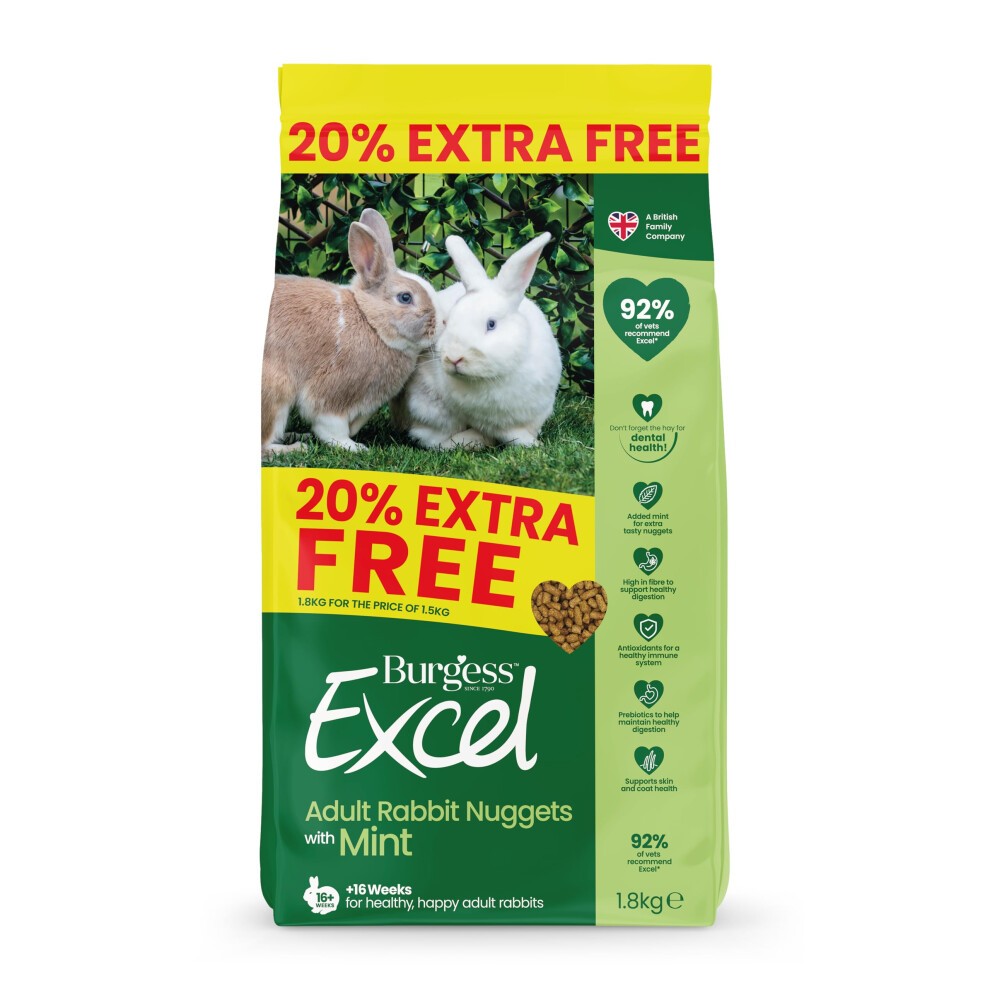 Photos - Rodent Food EXCEL Burgess  Rabbit Food with Mint, 1.8kg – Adult Rabbit Nuggets – High Fibre, Mint Pellets 