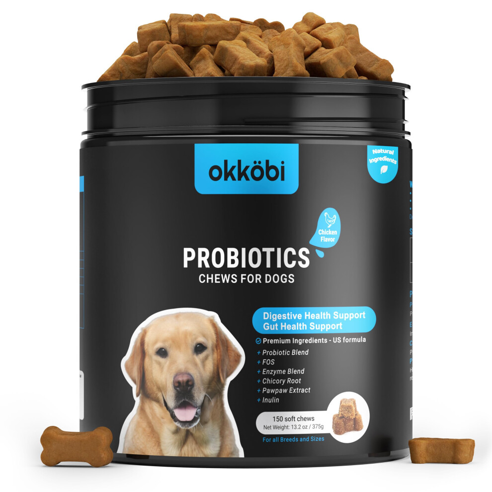Okköbi Probiotics For Dogs Chews 150Pcs - Digestive, Gut Health & Diarrhea Support - Probiotic Chews For Dogs - Vet Approved Us Formula With Dog Pr