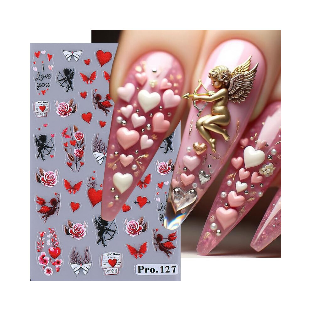 Red Valentine's Day Nail Stickers 5D Embossed Heart Decals For Diy Manicure Nail Art 4Pcs