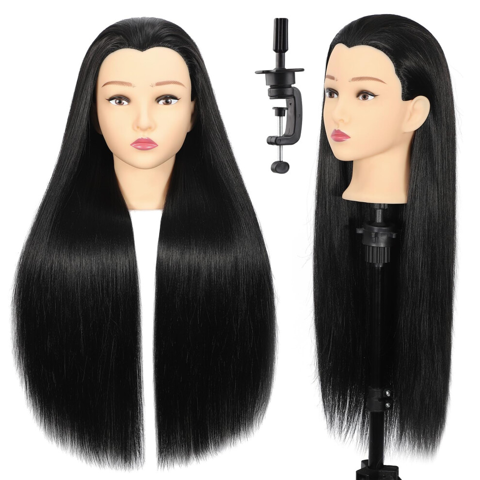 Unisex Black Mannequin Head With Hair 28' Heatresistant Tangle Hair For Braiding And Styling With Clamp