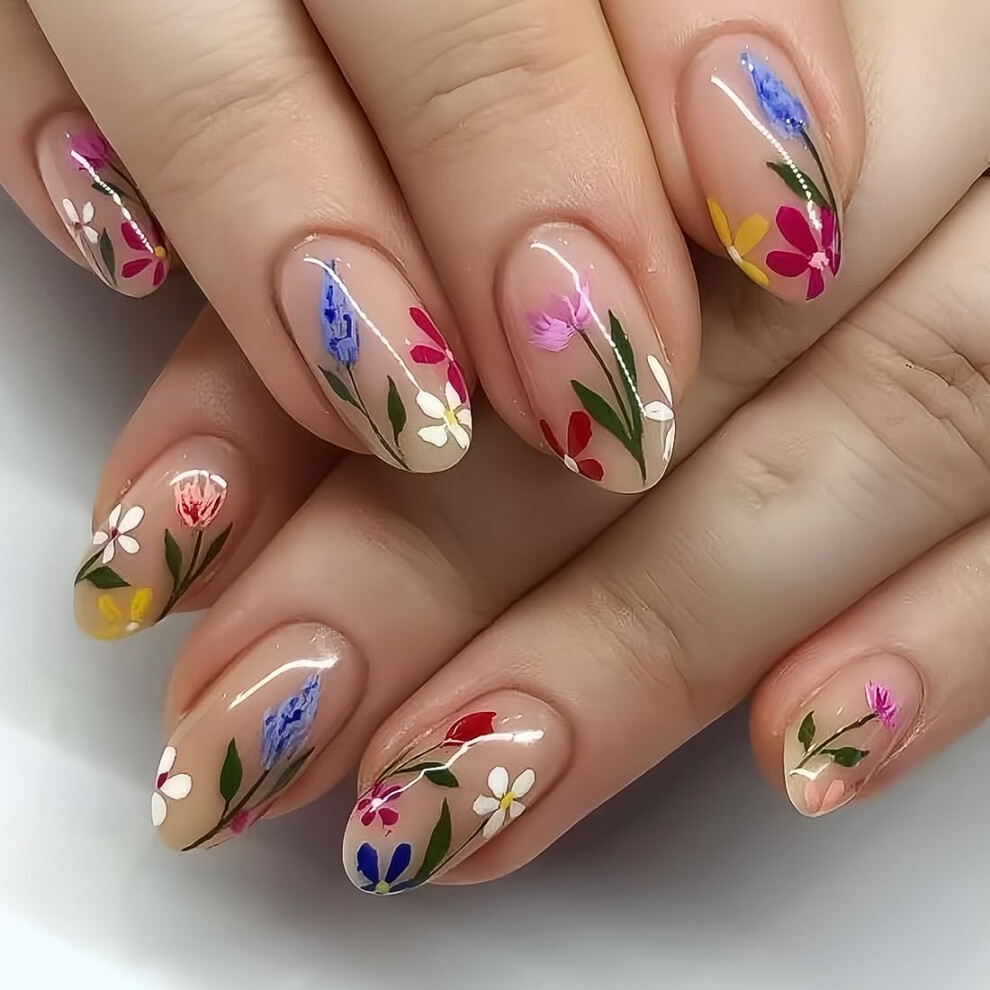 Medium Almond Press On Nails Colorful Floral Fake Nails with Glue Glossy Salon Finish 24pcs