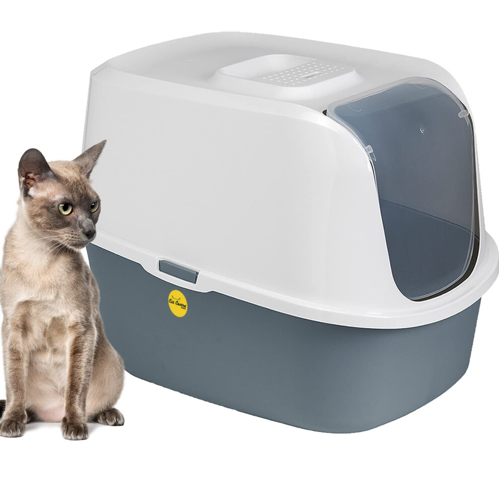Cat Centre Litter Tray Hooded Dark Grey Toilet Charcoal Filter Extra Deep Anti-Spillage Kittens Cats Enclosed Box Pan Loo Filter Flap Door D