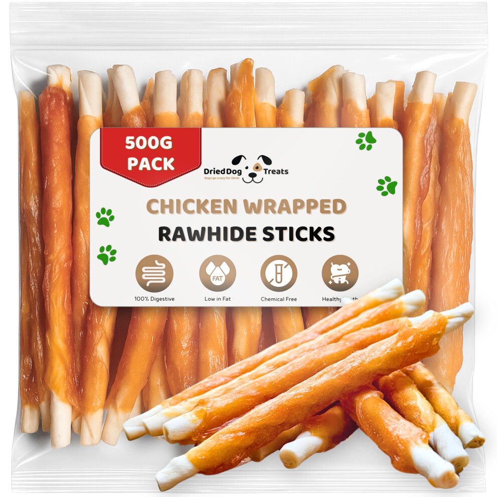 Drieddogtreats Dried Dog Treats Chicken Rawhide Chews 500G - Soft Rawhide Dog Chew - Chewy Chicken Twists Perfect As Puppy Treats - High Protein And Low Fat Sticks