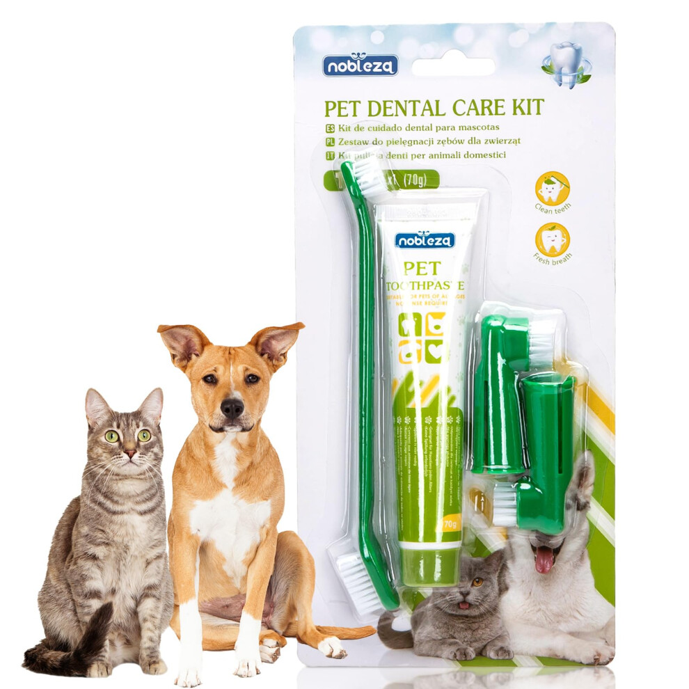 Nobleza Dog Toothbrush and Enzymatic Toothpaste Kit with 2 x Finger Toothbrush for Clean Pet Teeth, Eliminate Bad Breath, Remove Plaque and Tartar, I