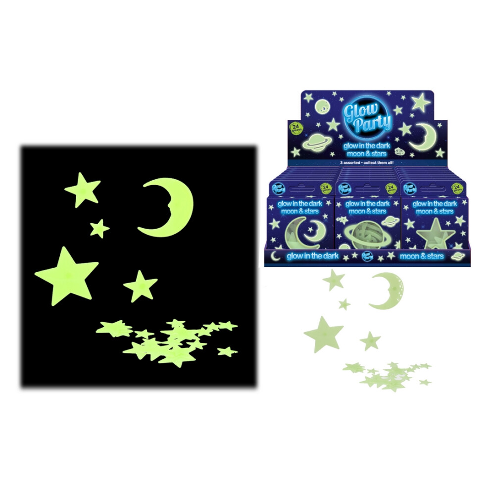 12 Packs of Glow In The Dark Moon & Stars - 3 Assorted Designs