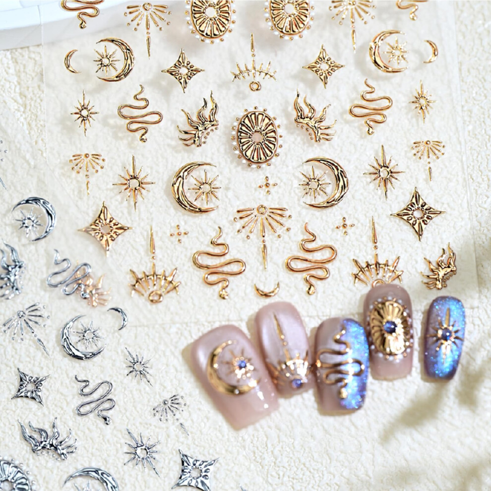 Gold/Silver 5D Boho Star Moon Snake Nail Stickers With Embossed 3D Decals For Diy Manicure