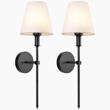 Wall Sconces Set of 2 with White Fabric Shades, Industrial Bathroom Vanity Lights, Black Wall Lamps for Bedroom, Living Room, Kitchen
