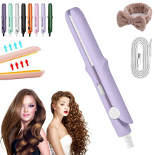 Mini Curling Iron and Cordless Hair Straightener 2 in 1 USB Rechargeable Ceramic for Short Hair Purple