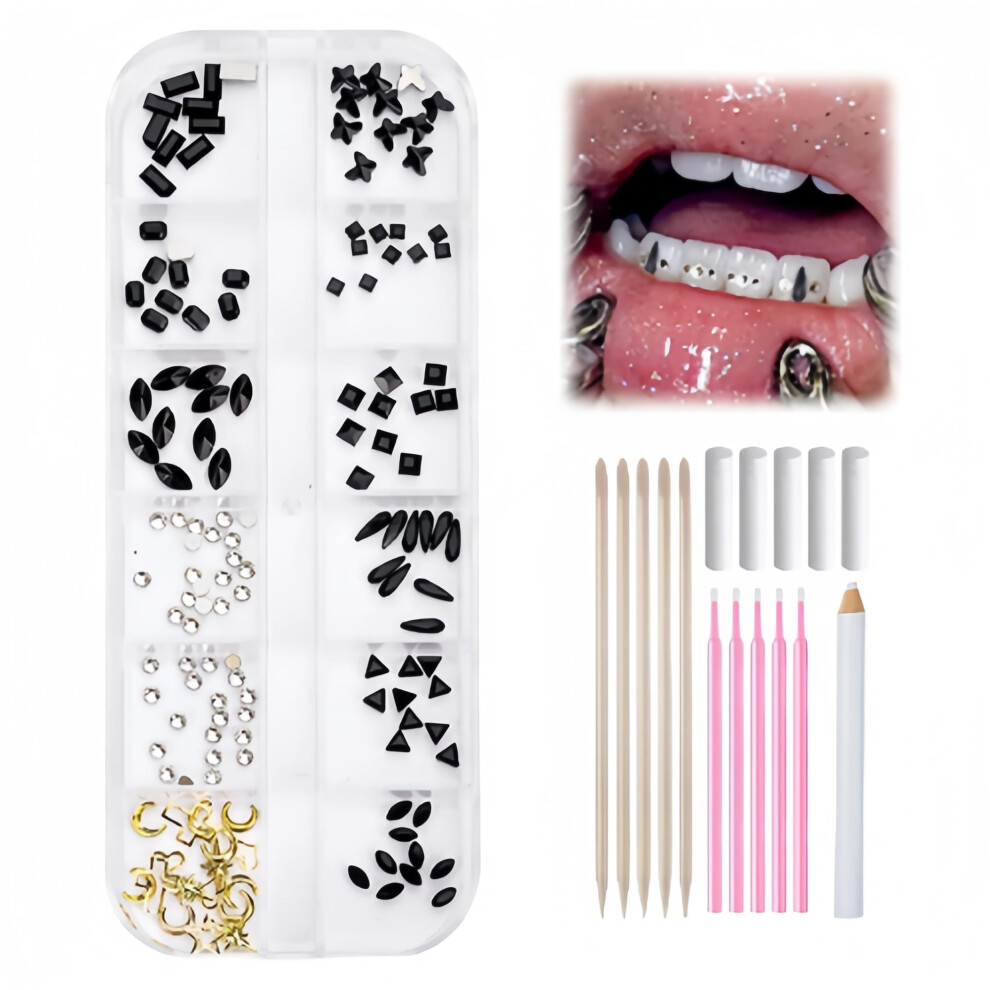 Black Tooth Gem Kit With Multishape Flatback Rhinestones, Reusable 12Grid Diy Dental And Nail Art