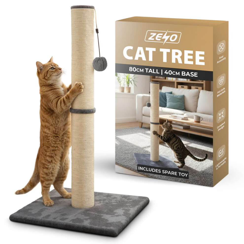 Rex & Roxy Cat Scratching Post 80Cm | Tall Sisal Scratch Pole For Indoor Cats | Plush Base Cat Tower With Hanging Toy | Strong Post For Kitt