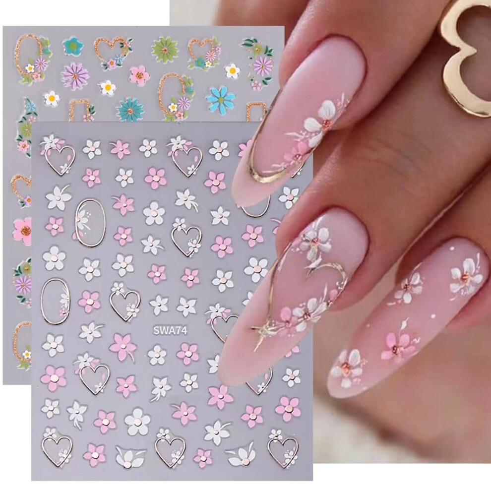 Nail Art Stickers 3D SelfAdhesive Pink White Flower Decals for Spring Manicure 6PCS