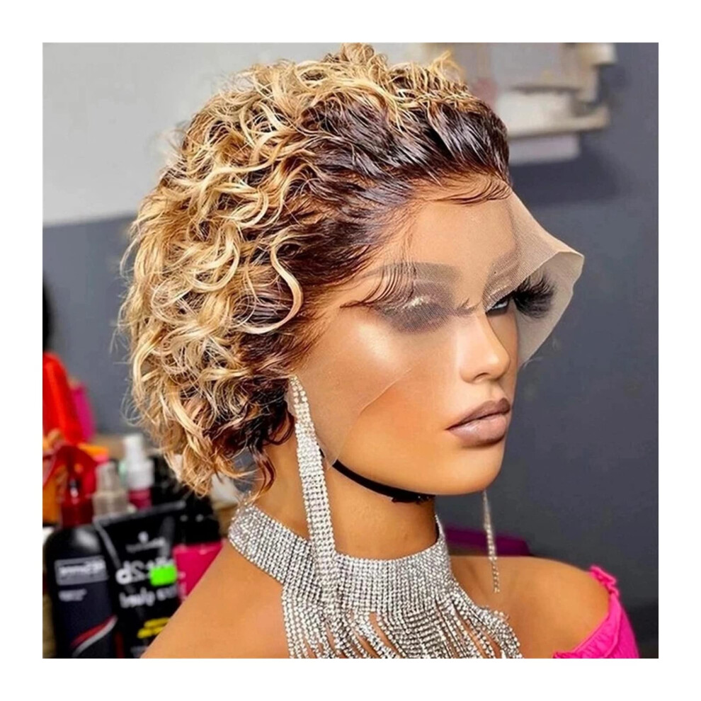 Unisex Pixie Cut Human Hair Wig Short Spring Curl 13X1 Hd Lace Front Brazilian Remy Wig 1B/27