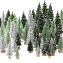 30Pcs Mini Artificial Christmas Trees with Wooden Base, Snow Effect Tabletop Holiday Decor Silver Green