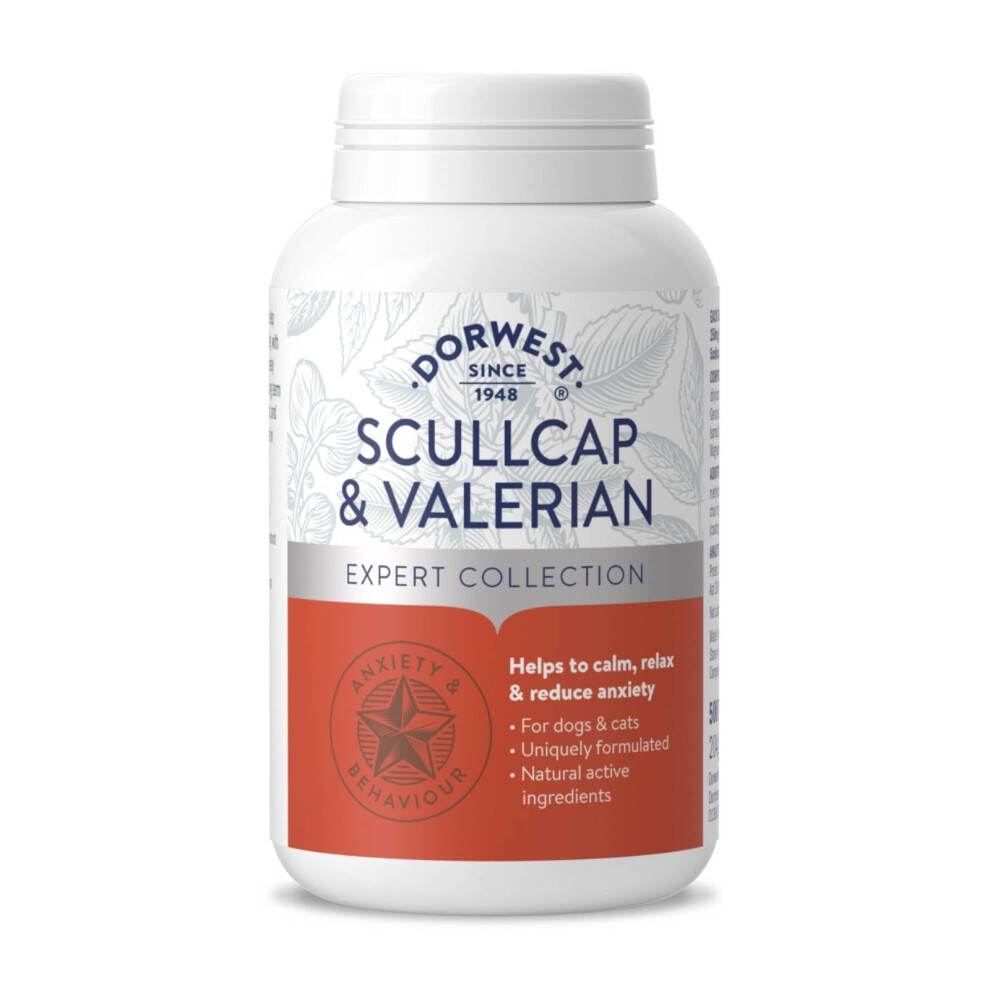 Dorwest Herbs Scullcap & Valerian Calming Tablets For Dogs And Cats, 500 Tablets, Natural Dog Calming Supplements For Stress And Anxiety Rel