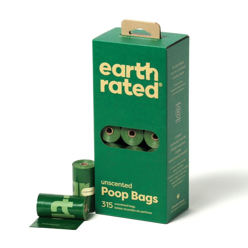 Earth Rated Dog Poo Bags, Guaranteed Leak Proof And Extra Thick Waste Bag Single Refill Rolls For Dogs, Unscented, 315 Count