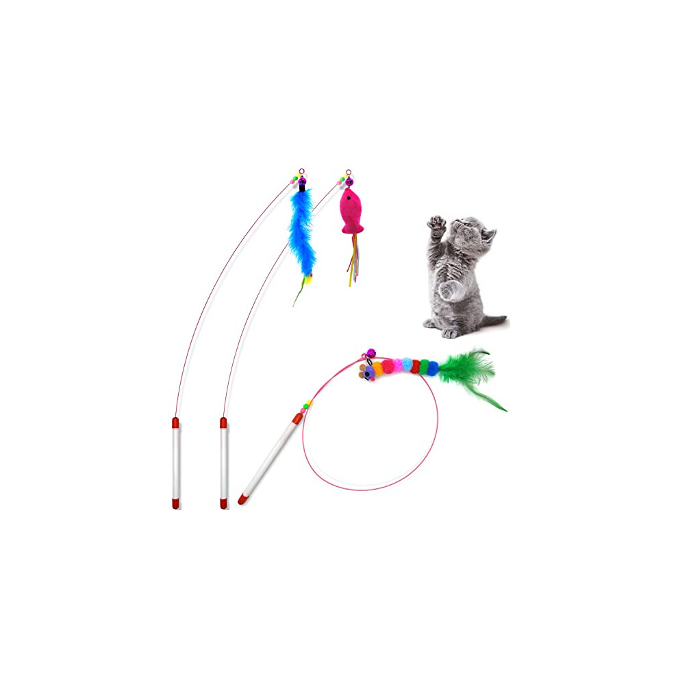 Autoau Cat Feather Toys 3Pack Interactive Cat Teaser Wand Cat Toys For Pink