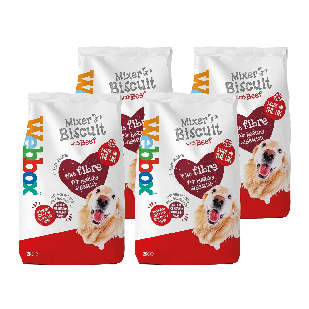 Webbox Mixer Biscuit Dry Dog Food (Adult), Beef - Wholegrain Cereals And Fibre For Healthy Digestion, Feed With Wet Food, Made In The Uk (4 X 2Kg Bag