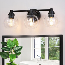 Modern Matte Black Bathroom Vanity Light Fixture 3Light with Clear Globe Glass Shade Over Mirror