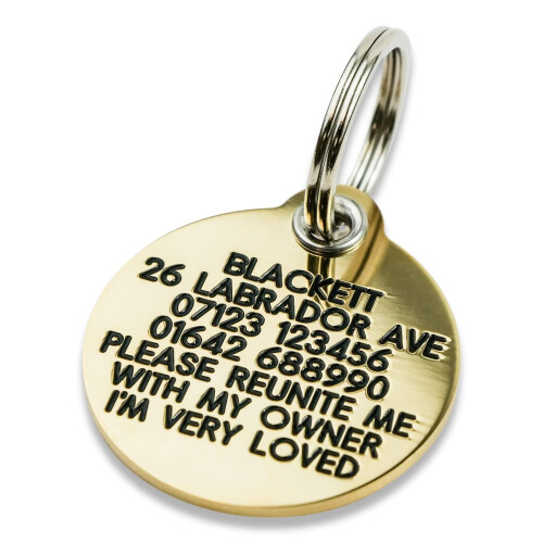 Engraved Dog tag, Deeply Engraved, Reinforced Solid Brass 33mm Circular Dog tag
