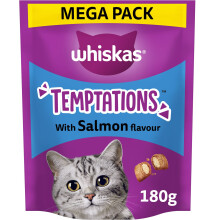 WHISKAS Temptations - Tasty, Crunchy Treats for Adult Cats, Small Bite Size Snacks with a Delicious Salmon Flavour Filling, 4x180 g Packets