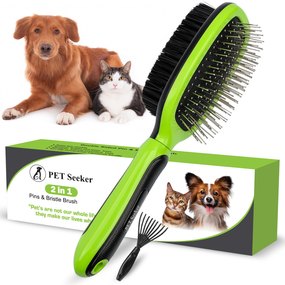 Pet Seeker Double Sided Dog Brush, Grooming Brush With Rounded Pins & Bristles, Dog Brushes For Grooming With Anti Slip Handle & Free Cleani
