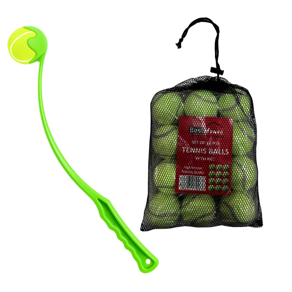 Best House Another Fine Product Bh | Dog Ball Launcher Thrower Dog Toy (Green) + 12 Pcs Dog Pet Balls, Green