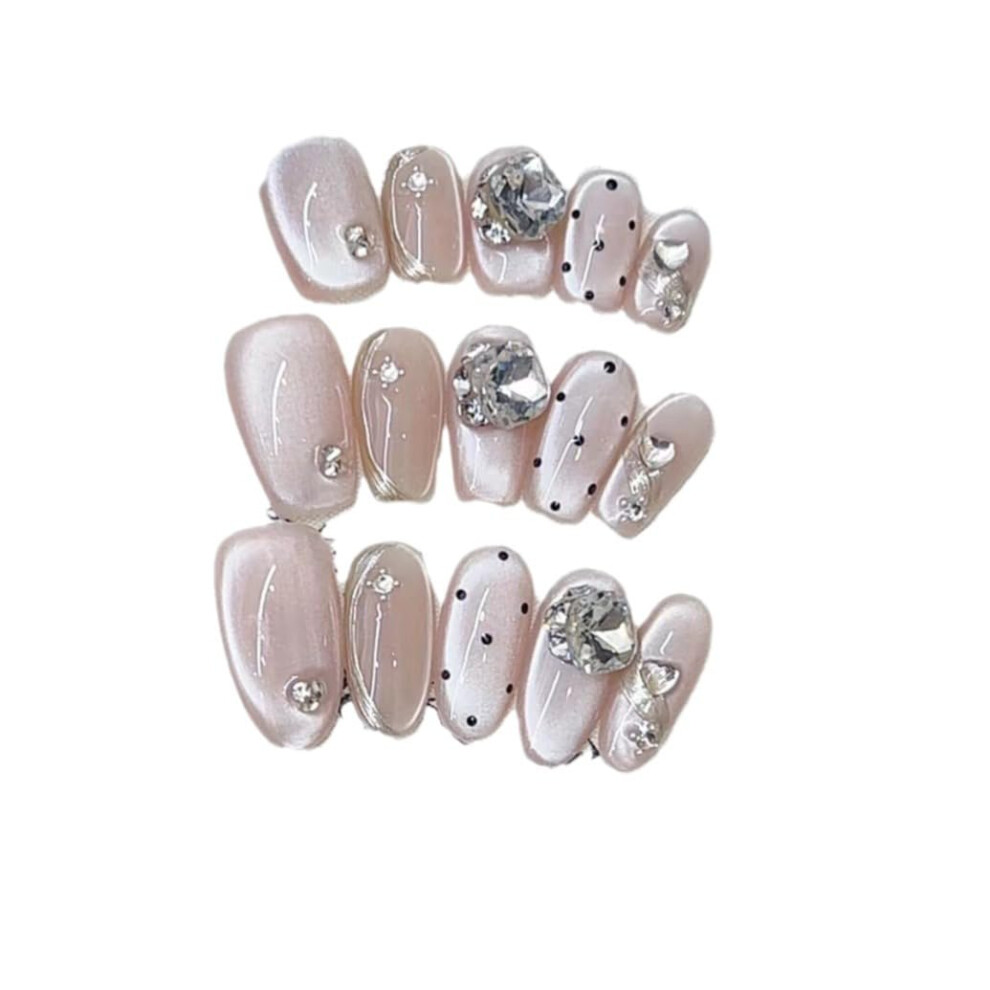 Cat Eye Press On Nails with Moonlight Script, Ultrathin Reusable Handmade Nail Tips XS Oval