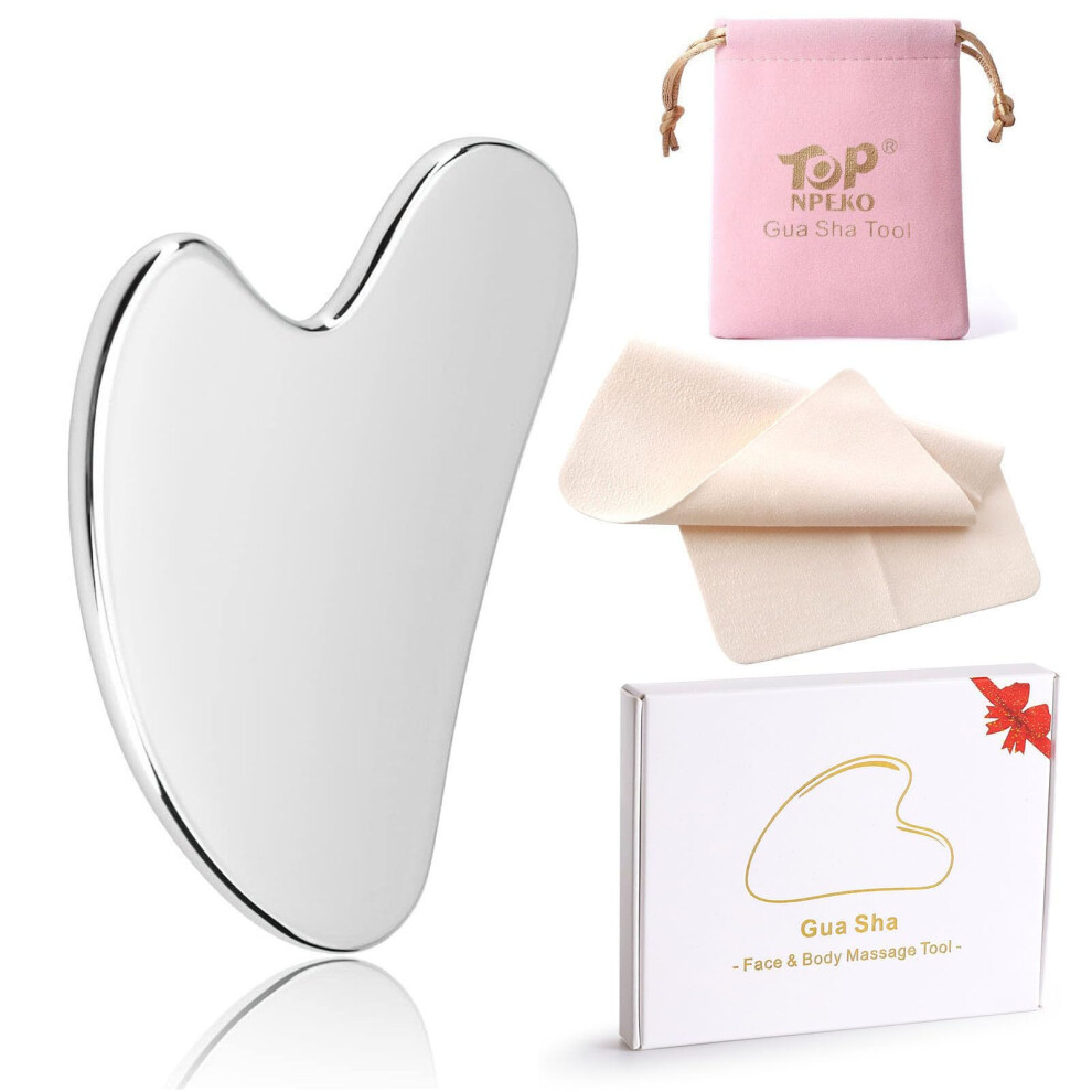 Stainless Steel Gua Sha Facial Tool for Lifting, Jawline and Neck Massage, Puffiness Relief with Pouch