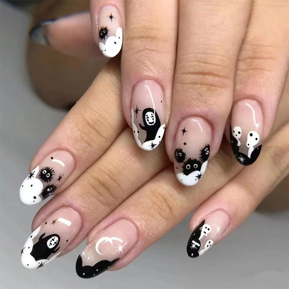 Halloween Press On Nails Medium Almond French Nude with Ghost Designs Reusable Acrylic Nail Tips