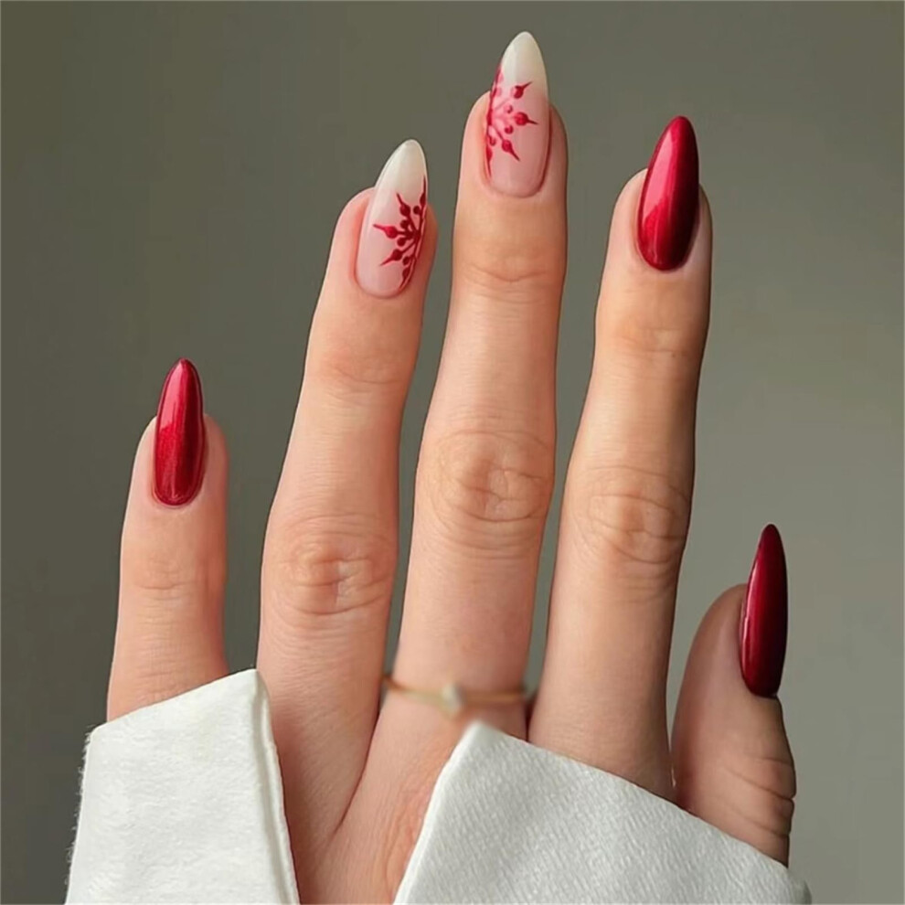 Short Almond Press On Nails 24pcs Red Shimmer Christmas Snowflake Fake Nails Set for Women