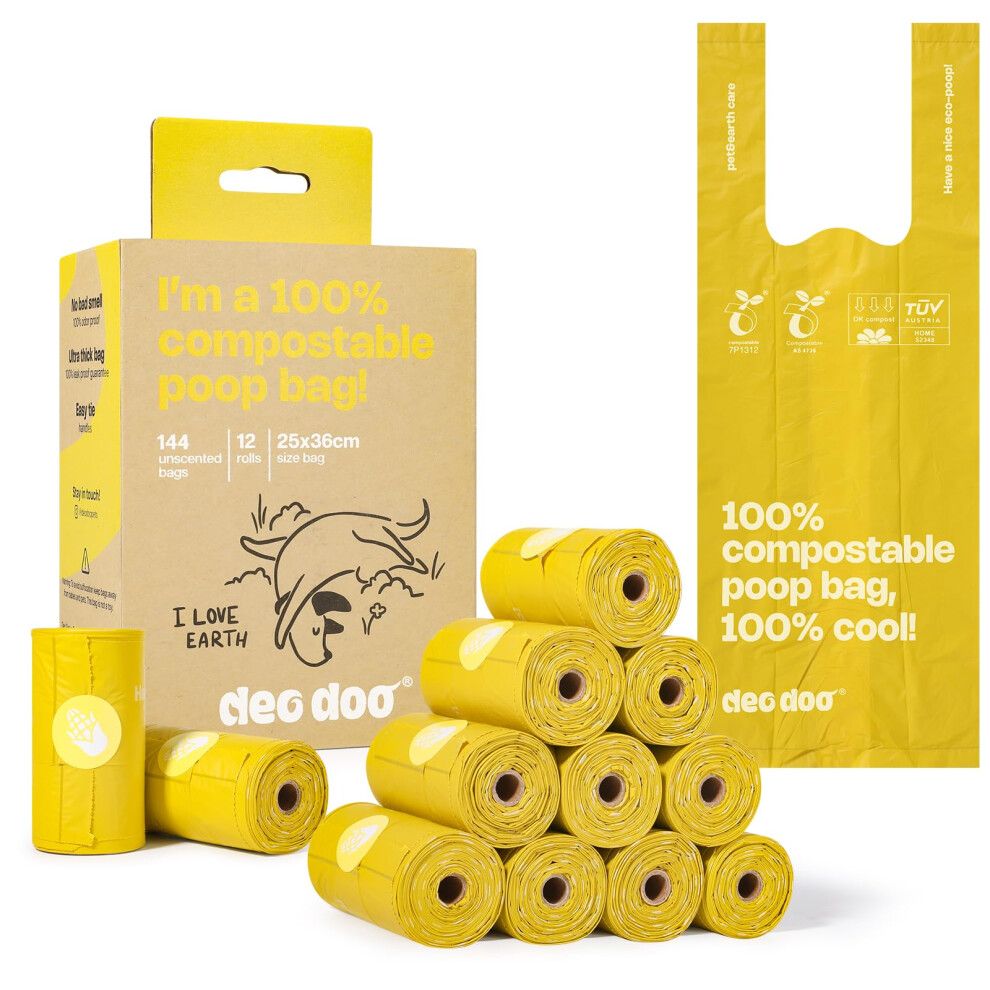 Deo Doo Dog Poop Bags Rolls With Handles 144Counts Compostable Dog Waste Bags For Dogs Leak Proof Extra Thick Waste Bags For Walking Doggy