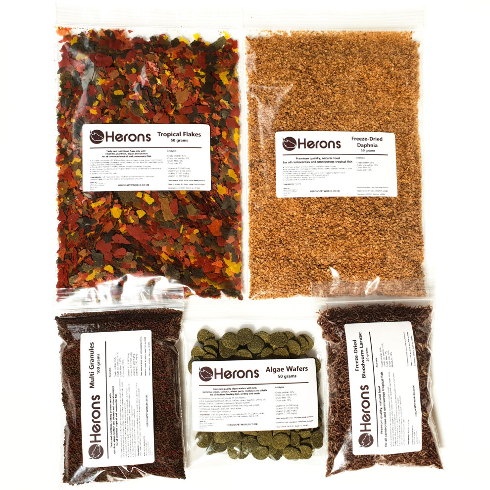 Photos - Fish Food HERONS - Premium Tropical Pack - Multi Granules, Tropical Flakes, Algae Wafers, Freeze-dried Daphnia, Freeze Dried