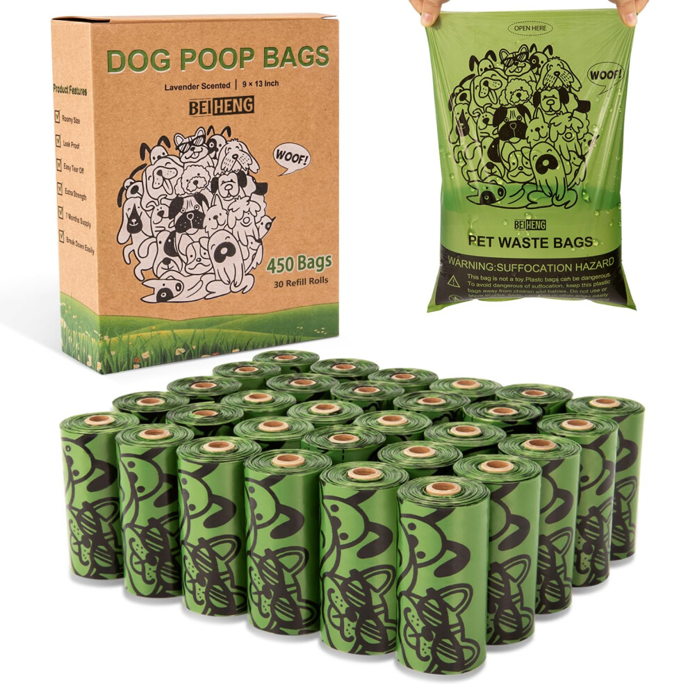 Beiheng Dog Poo Bags - 450 Counts Biodegradable Thick Leak Proof Pet Poop Waste Bag Refill Rolls For 7 Month Supply, Lavender Scented