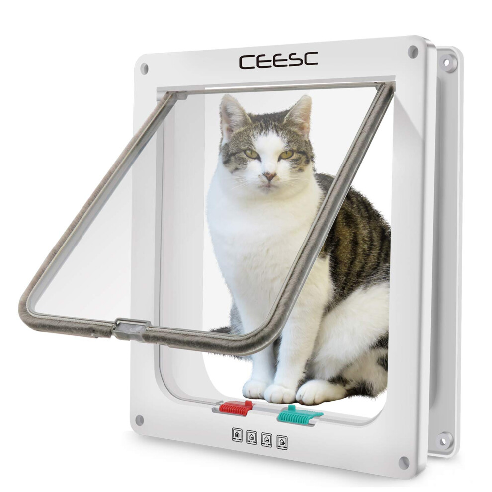 Ceesc Large Cat Flap (Outer Size 11" X 9.8"), 4 Way Locking Large Cat Flap Door For Interior Exterior Doors, Weatherproof Pet Door For Cats
