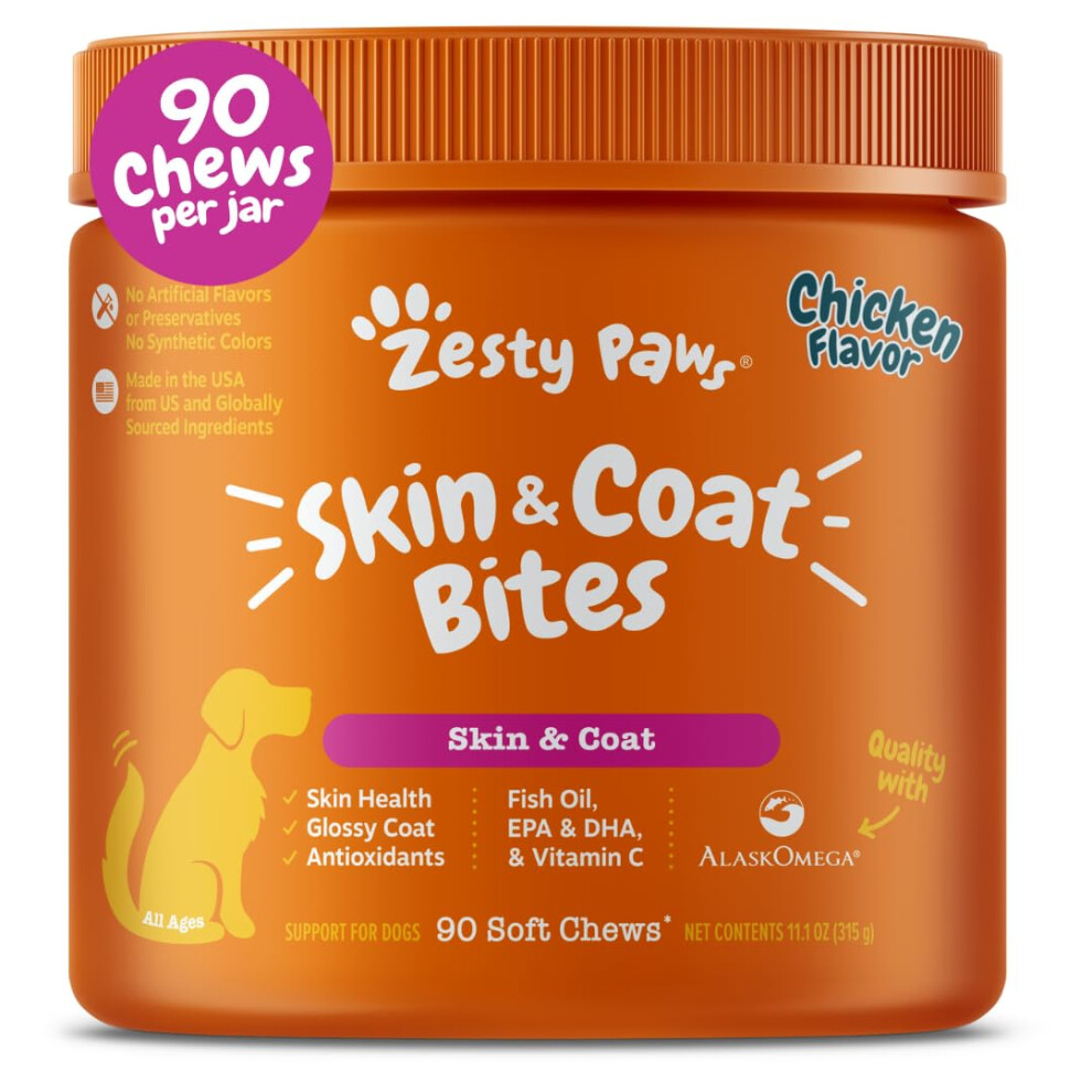 Zesty Paws , Omega Bites For Dogs, Skin & Coat, All Ages, Chicken Flavo