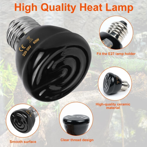 Adiwo 1 Pack 60W Ceramic Reptile Heat Bulb, E27 Base, Infrared Heating 2