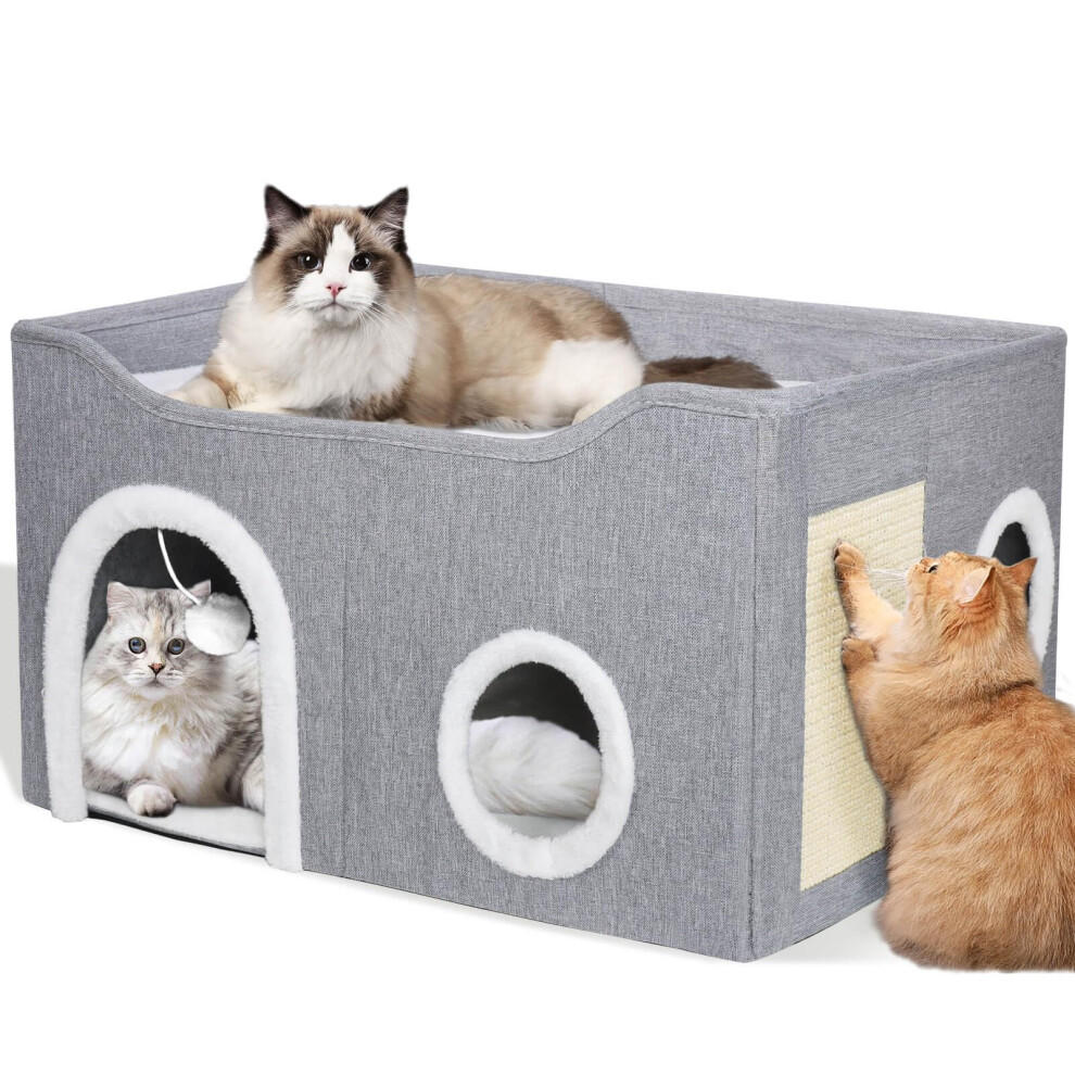 Gdgzt Foldable Cat House, 2-Layer Large Soft Cat Bed Cave Cube With Scratchi Grey