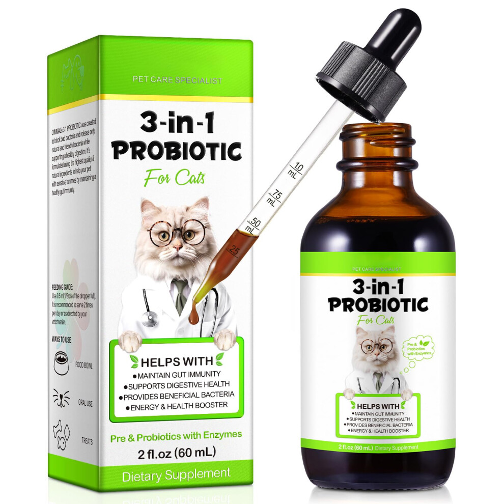 Hualijia Probiotics For Cats, 3-In-1 Cat Probiotics With Prebiotic And Enzymes, Cat Diarrhea Treatmen Supplement - Support Gut Health, Diarrhea & Constipation
