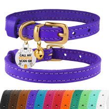 BRONZEDOG Leather Cat Collar with Removable QR-ID Tag – Kitten Collar with Bells, Non-Breakaway, for Girls & Boys (18-22 cm, Purple & Gold)