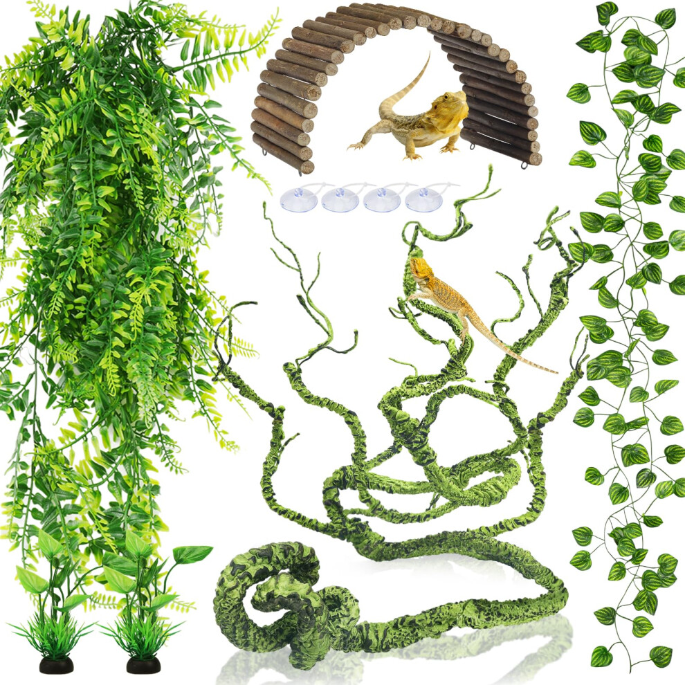 Quozuo Bearded Dragon Tank Accessories, Terrarium Hanging Plant Vines Artificial Leaves Reptile Hide, Bridge Jungle Climber Reptile Vines Fo