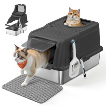 Feandrea Stainless Steel Cat Litter Box with Flip Lid, XL Litter Box with Leak-Proof Design, Scoop, Brush, Dual Entry, for Cats up to 15 kg,