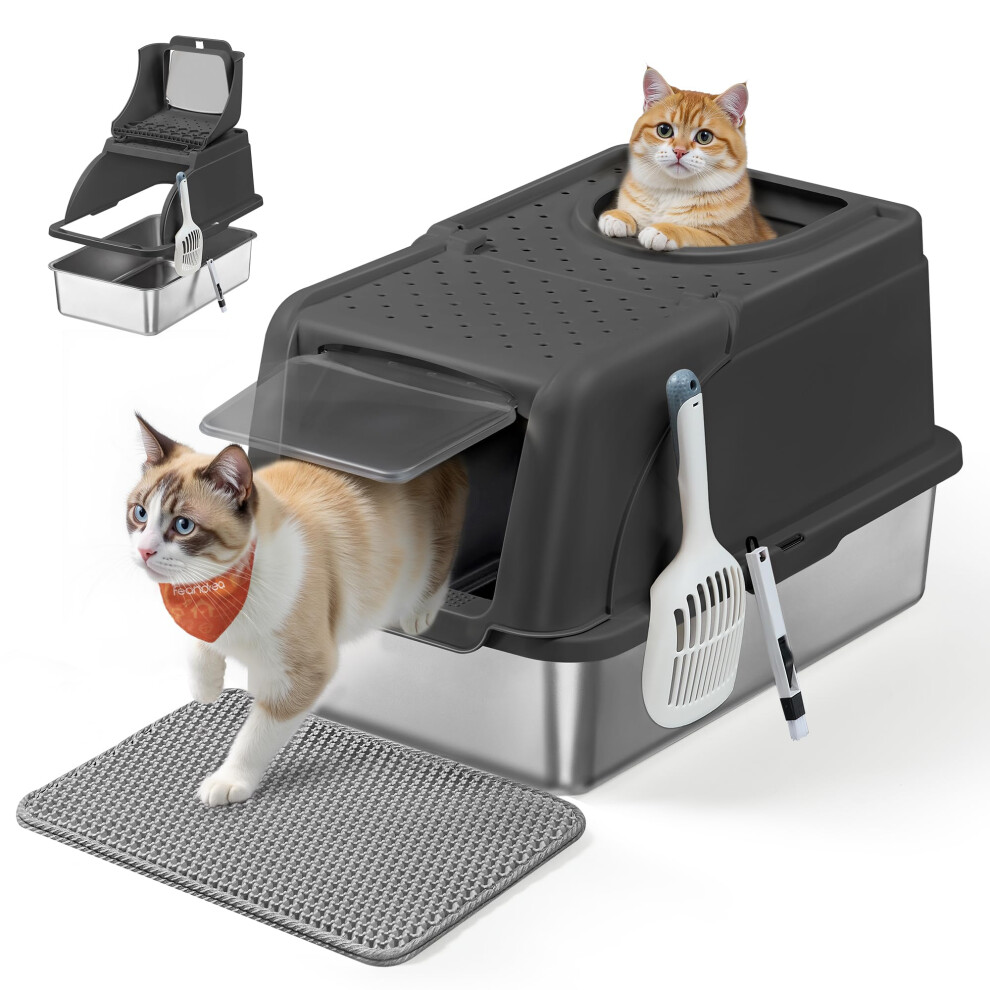 Feandrea Stainless Steel Cat Litter Box With Flip Lid, Xl Litter Box With Leak-P