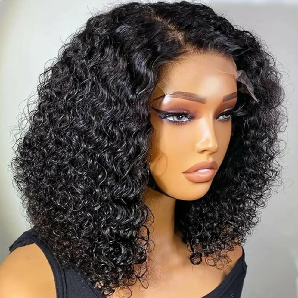 Unisex 14 Inch Glueless Kinky Curly Human Hair Bob Wig, 5X5 Hd Transparent Lace Closure, Pre Plucked