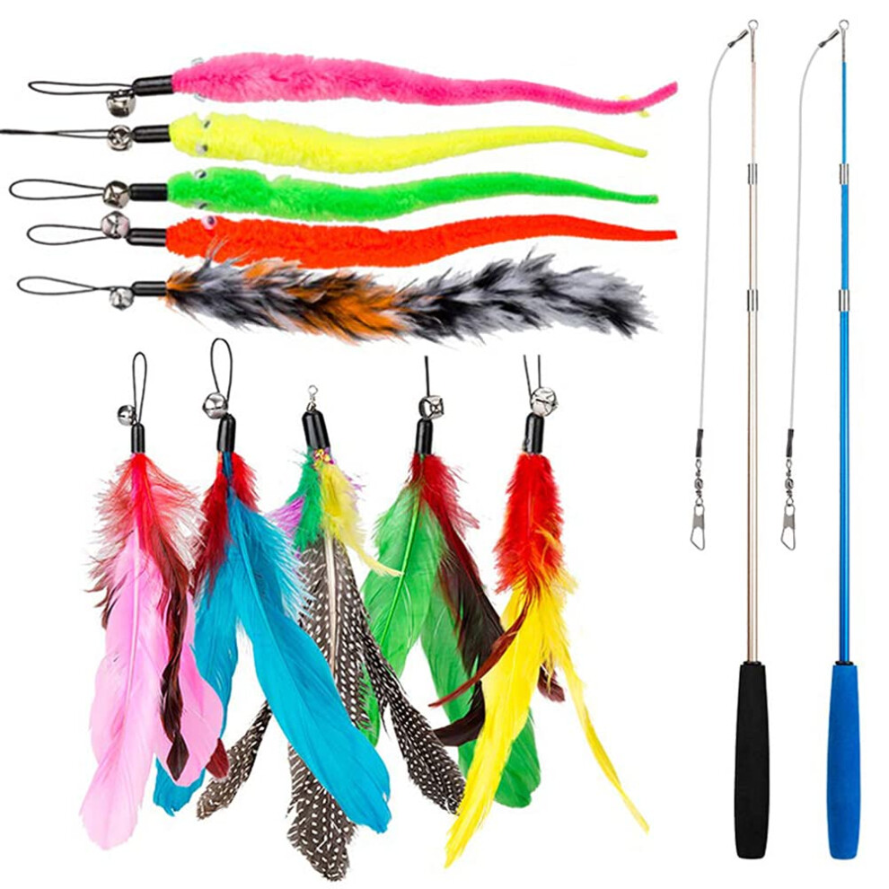 Diwuji 12 Pcs Feather Teaser Cat Toy, 2 Pcs Retractable Interactive Cat Tease