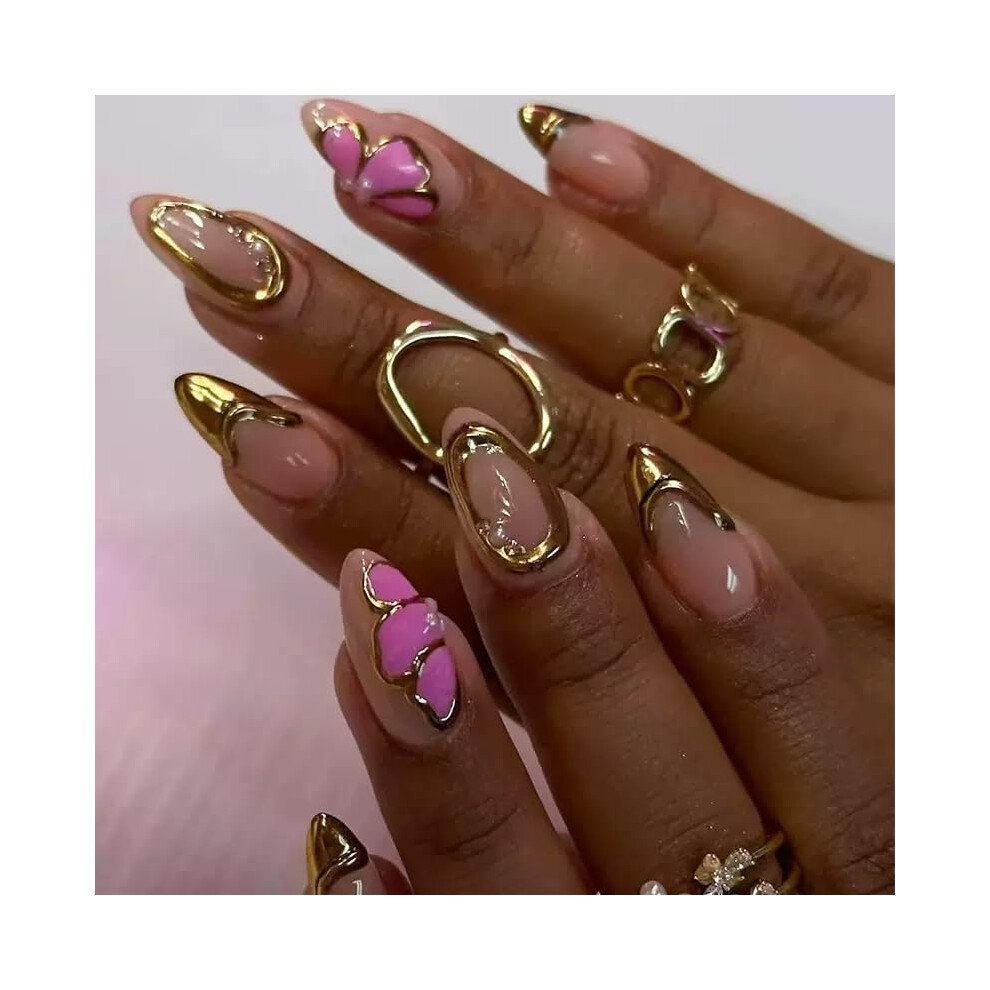 Gold Almond Press On Nails Set With Butterfly Design, Glossy Reusable Acrylic False Nails 24Pcs